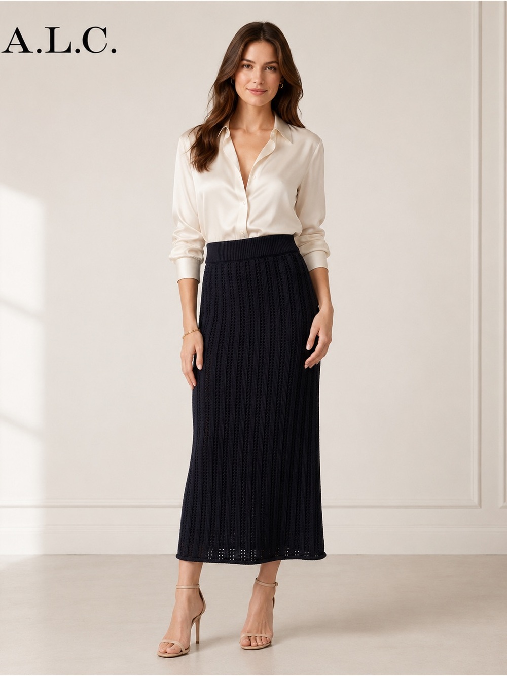 A.L.C. Navy Open Knit Midi Skirt Size Small